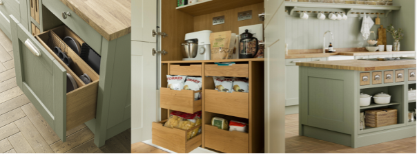 A kitchen cabinet with drawers