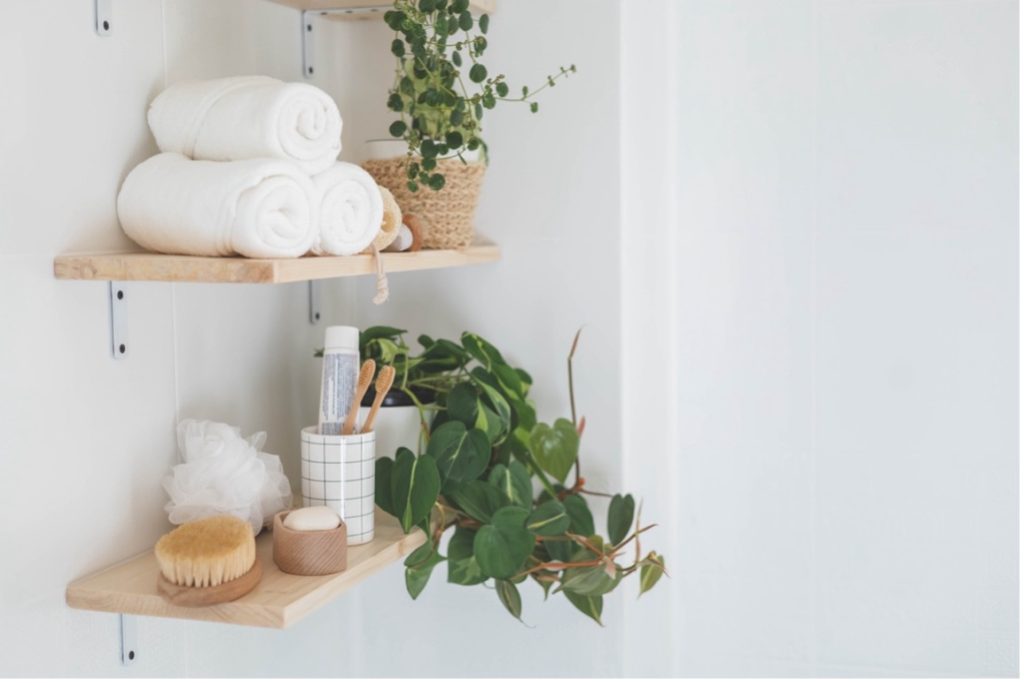 Shelves with towels and a plant on it