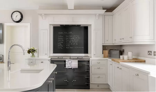 A kitchen with white cabinets and black appliances