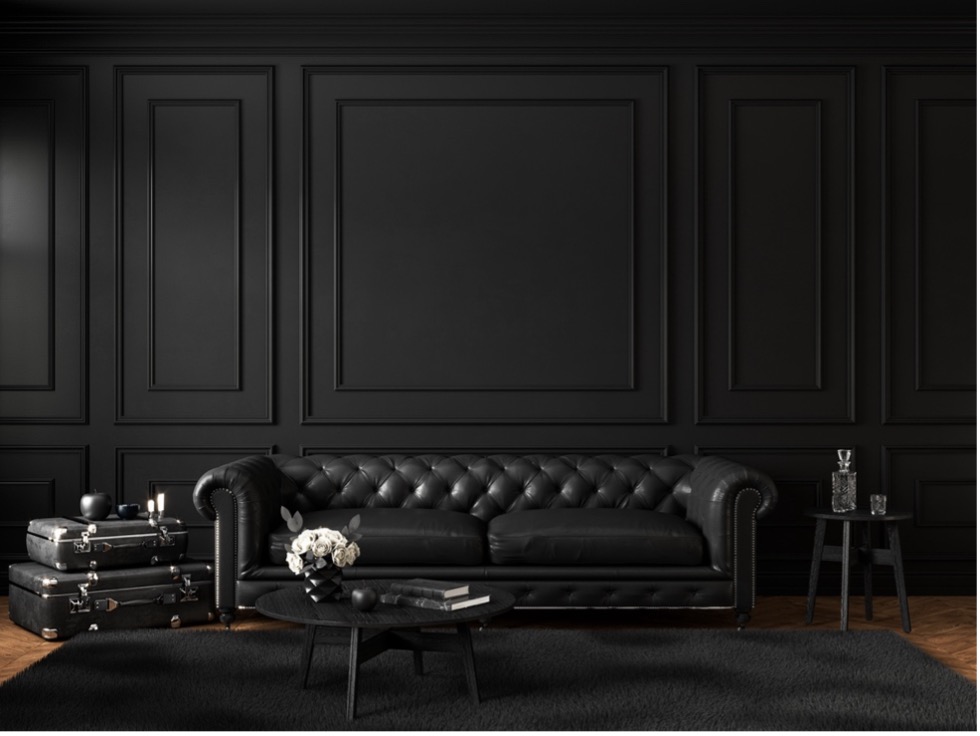 A black living room with a black couch and a black rug