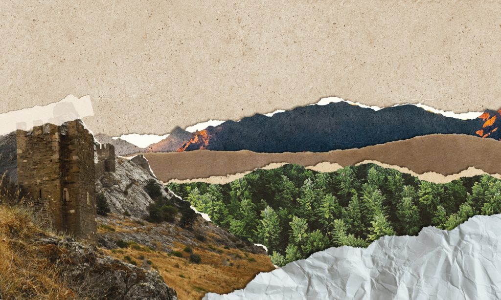 An ancient stone fortress stands on a hill against the backdrop of a green forest and mountains. Abstract landscape with torn deckled paper edges. Preservation of the old heritage concept.