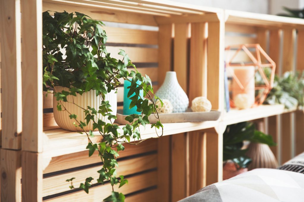 ooden drawer shelves with decor. Creative head of the bed, shelves for decor in the loft style or Scandinavia. Trend elements of the interior. Pot with ivy